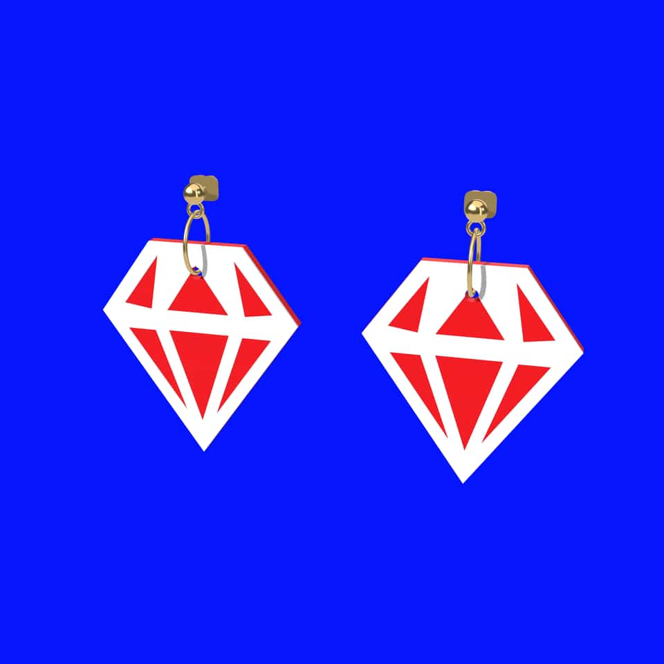 A Faceted Gem in Ruby colours: a red base and a white web, with no painted highlights. The 42 mm pair is about 5.2 g per earring with its ball post and ring, over the 5 g comfort guide; weigh your pair and try it on.