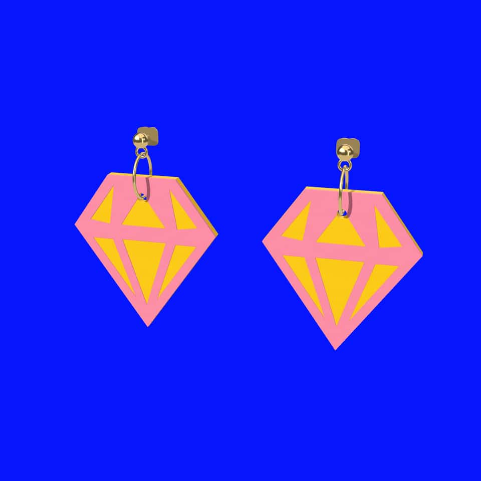 Pink and yellow faceted gem earrings: a thin pink web forms the outline and facet lines over a yellow gem base, hung from gold looped ball posts.