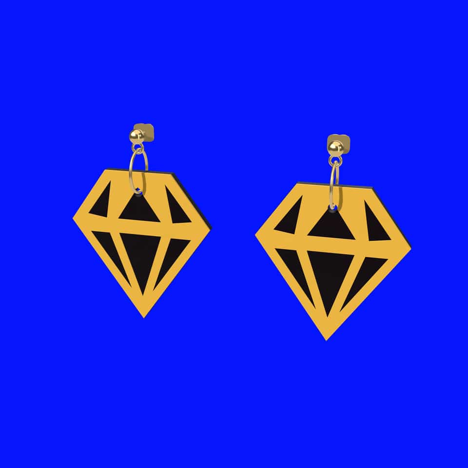 A Faceted Gem in Night colours: a near-black base and a metallic gold web. The 42 mm pair is about 5.2 g per earring with its ball post and ring, over the 5 g comfort guide; weigh your pair and try it on.