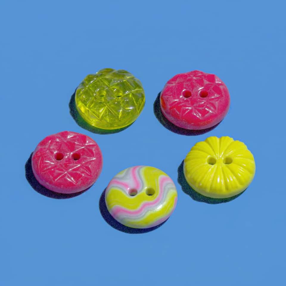 Polymer Clay Chartreuse & Pink Glossy Button Set. Handmade button using surface effects, finished with gloss sealant finish. Build one matched family of flat button blanks first,…