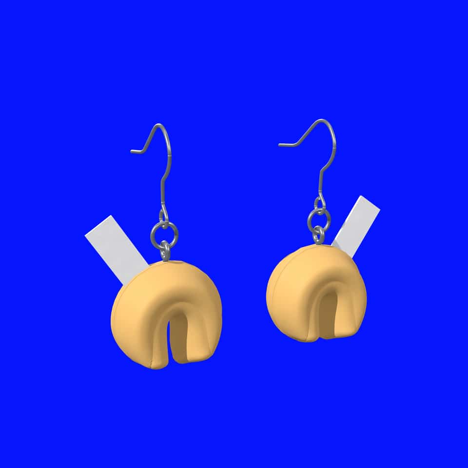 A mirrored pair of 40 mm fortune cookie earrings on fishhook ear wires.