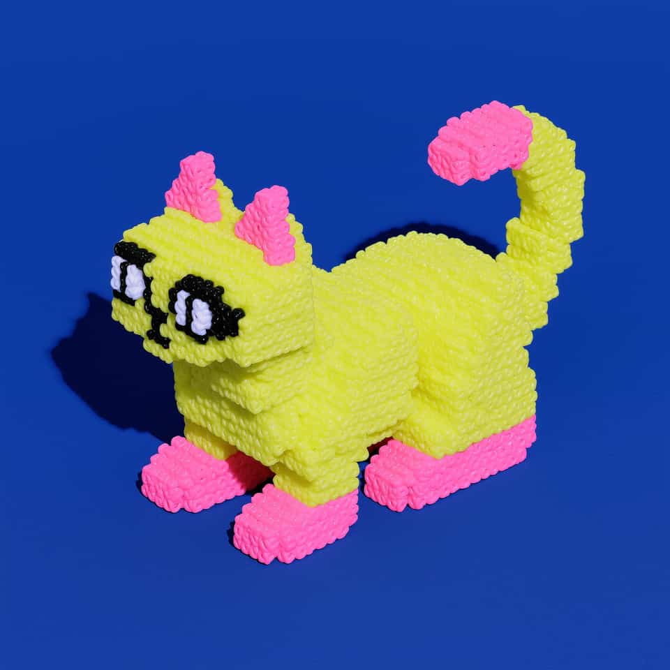 Blocky neon yellow polymer clay cat figurine covered all over in a tiny looped knit texture, standing on short legs with chunky hot-pink boots, with pink stepped ears, a tall curl…