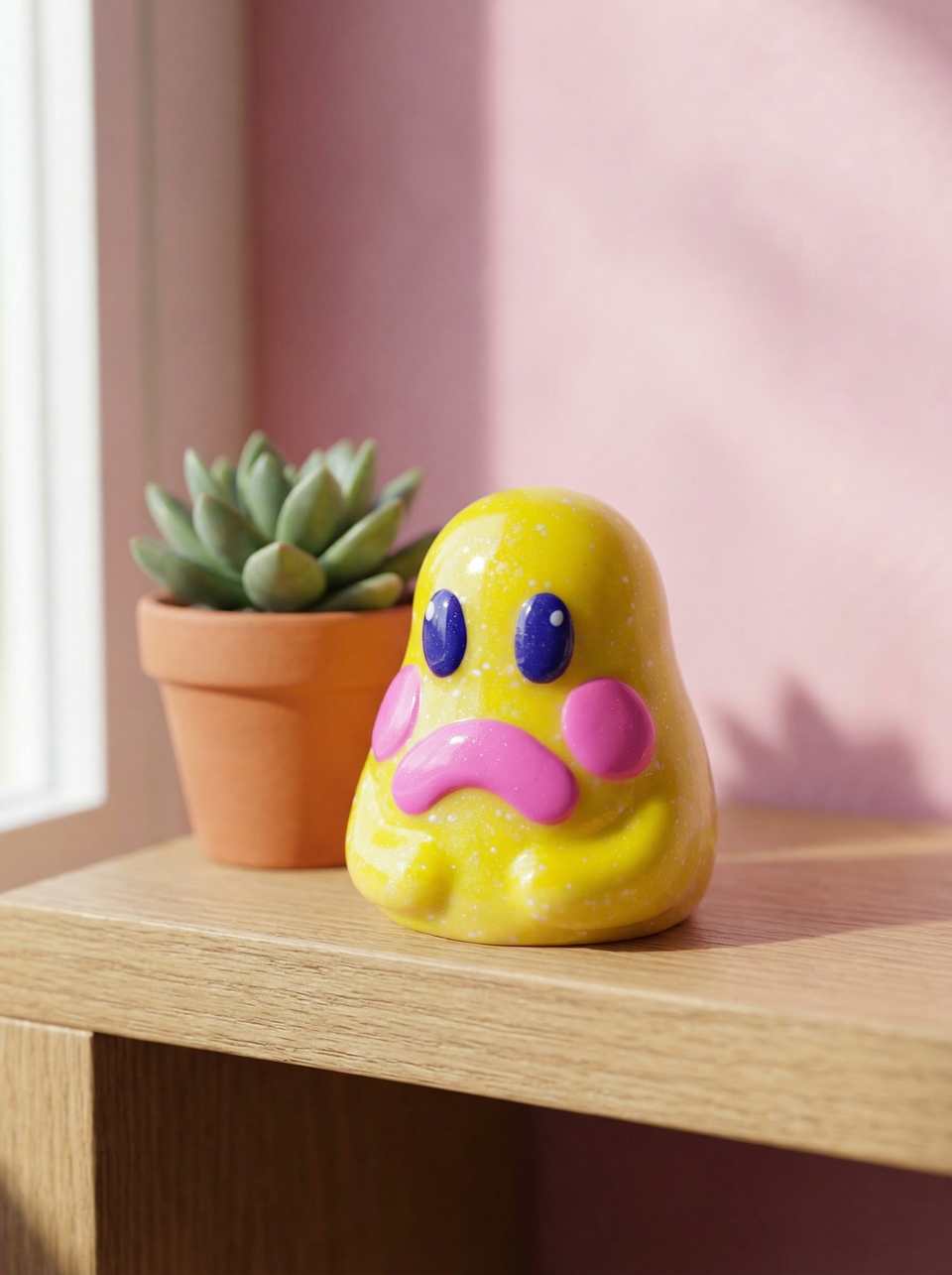 Polymer Clay Glittery Sad Ghost Desk Pet Figurine shown in styled display context with object size and surface texture visible. Figurine made with sculpting with a gloss sealant f…