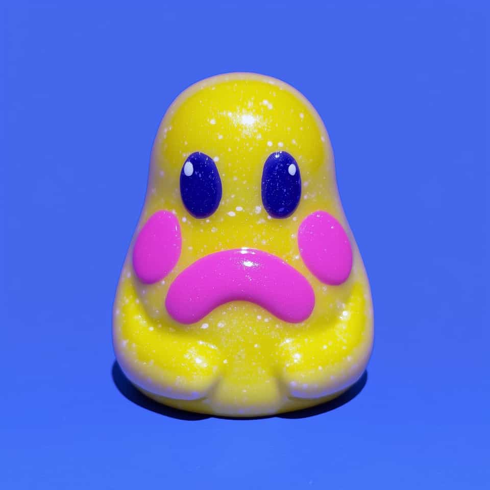 Glittery yellow polymer clay ghost figurine on a blue background: a teardrop shape speckled with sparkle and white flecks, big navy oval eyes with white glints, round pink cheeks,…
