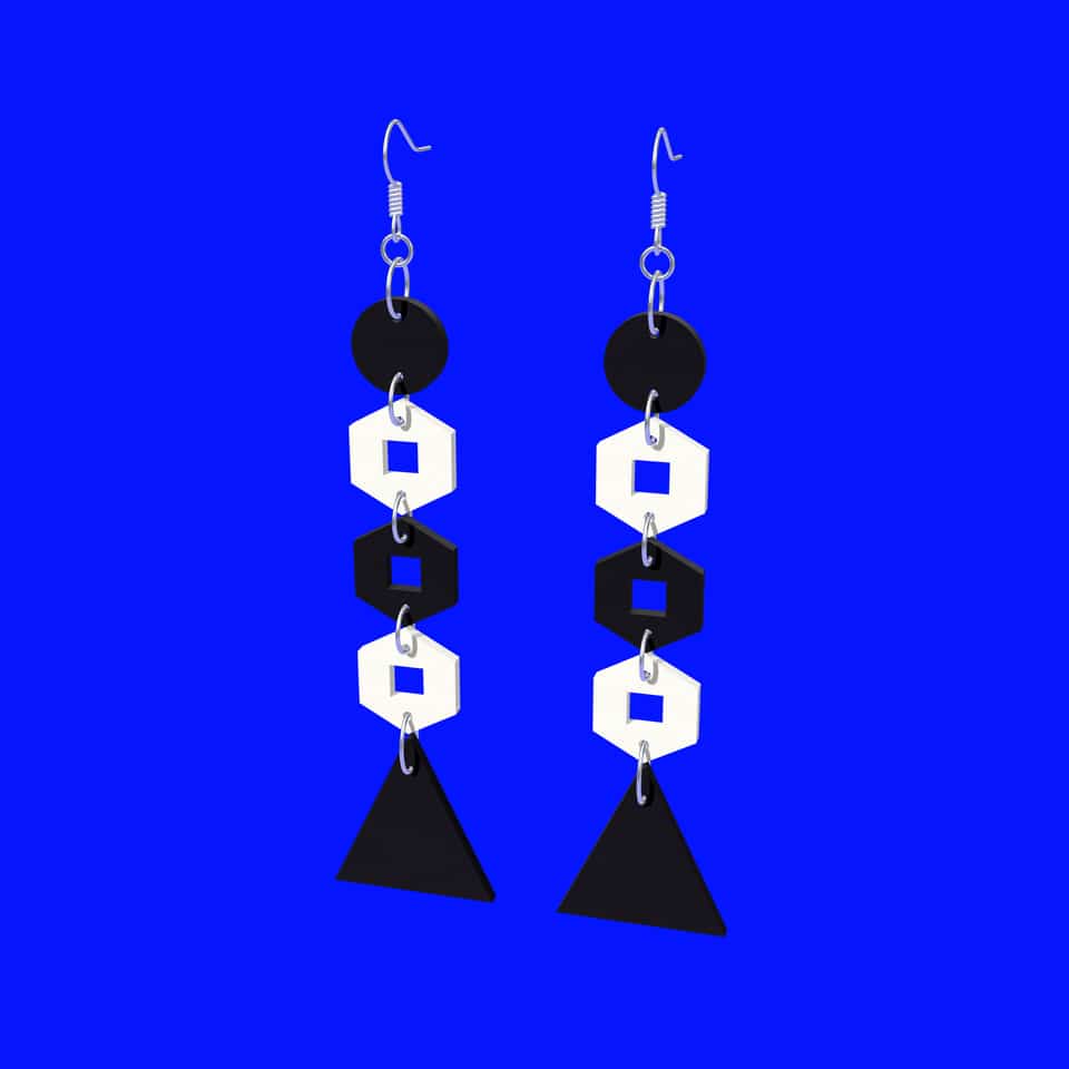 Go-Go earrings in Black and White: black and white pieces alternating from the disc to the triangle. The pictured long pair is about 7.2 g per earring with findings, over the 5 g comfort guide; weigh your pair and try it on.