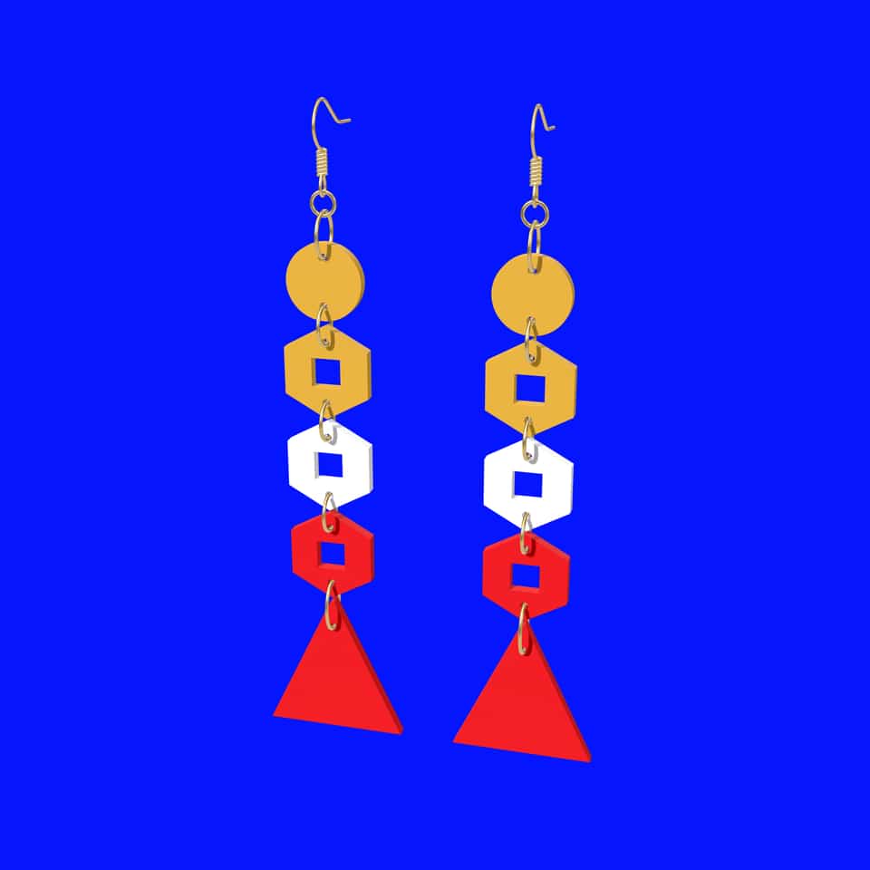 Go-Go earrings in Candlelight colours: a gold disc and first link, a white middle link, and a red lower link and triangle. The pictured long pair is about 7.2 g per earring with findings, over the 5 g comfort guide; weigh your pair and try it on.