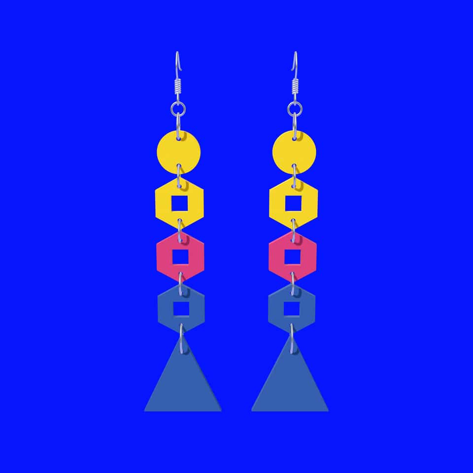 Go-Go linked dangle earrings: a yellow disc, three open hex links and a blue triangle drop, joined with jump rings. Printable cutter files and an illustrated maker guide are included; you supply the clay, ear wires or looped ball posts, and jump rings.