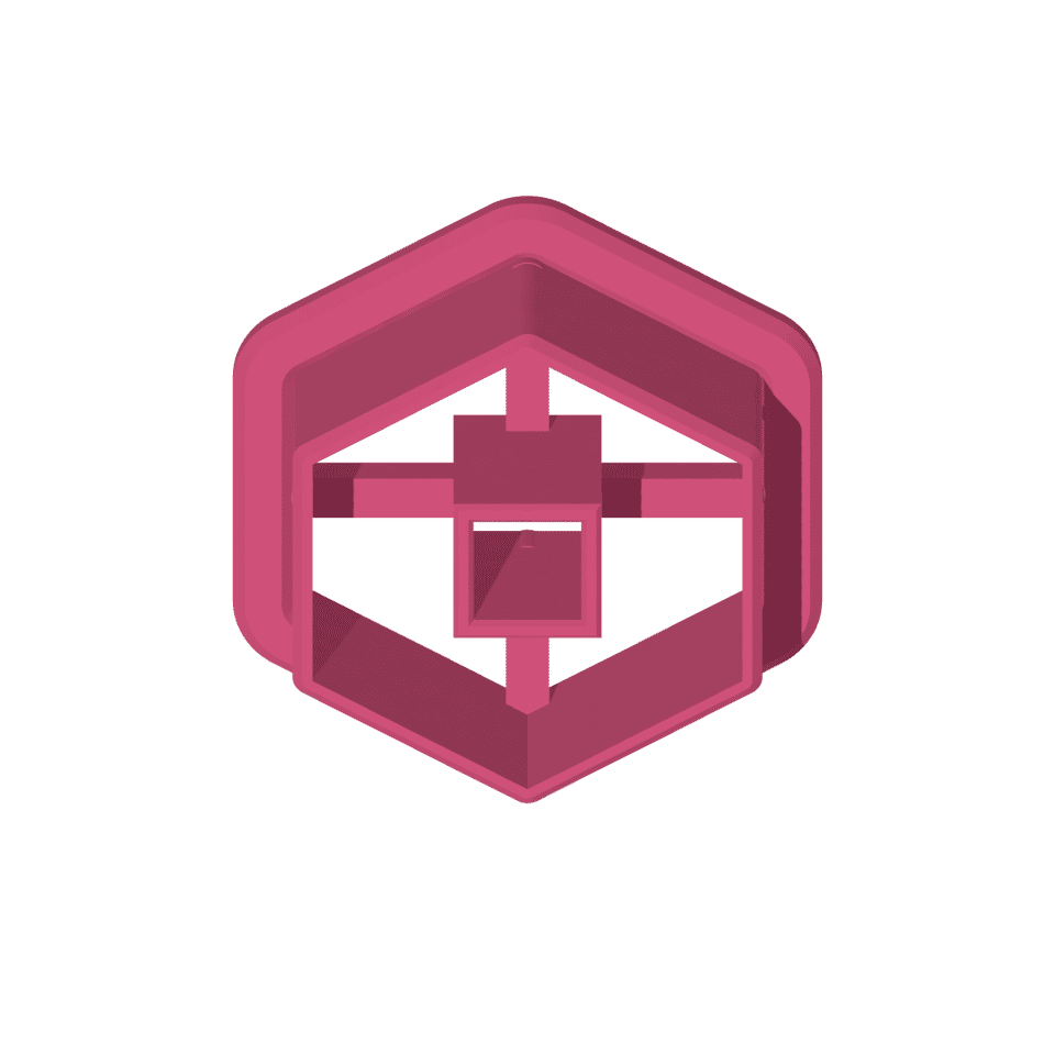 The 20 mm hex cutter from its cutting face. It cuts the outer hex and square window; the higher handle braces leave no cross in the clay.