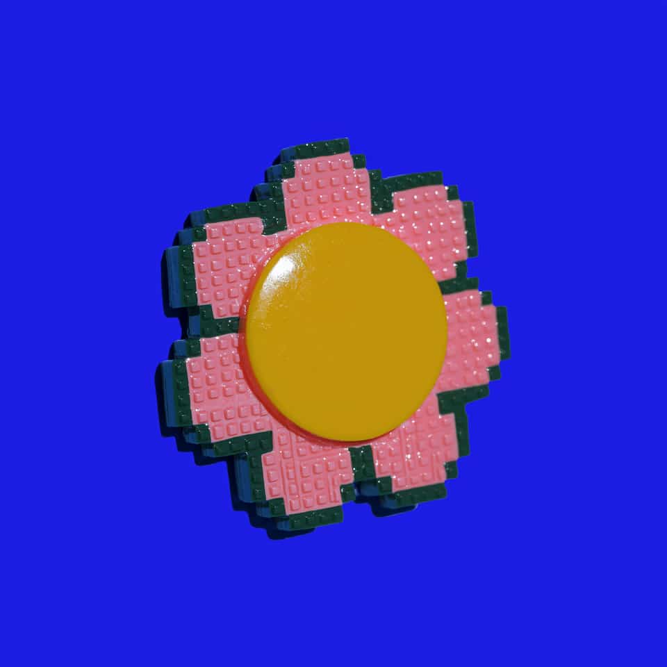 Polymer Clay Grid Pixel Flower Pin. Brooch made with slab construction with a gloss sealant finish. Make a glossy pixel flower brooch with a dark green stepped edge, visible green…