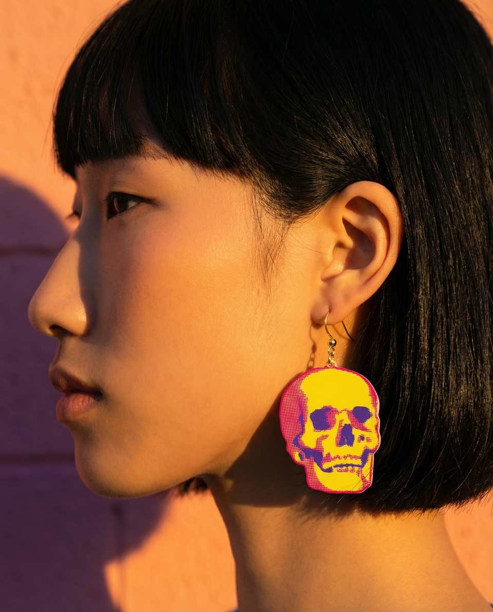 Polymer Clay Halftone Skull Statement Dangle Earrings shown in styled wear context with size, drape, and hardware visible. Earrings made with slab cutting with a matte sealant fin…