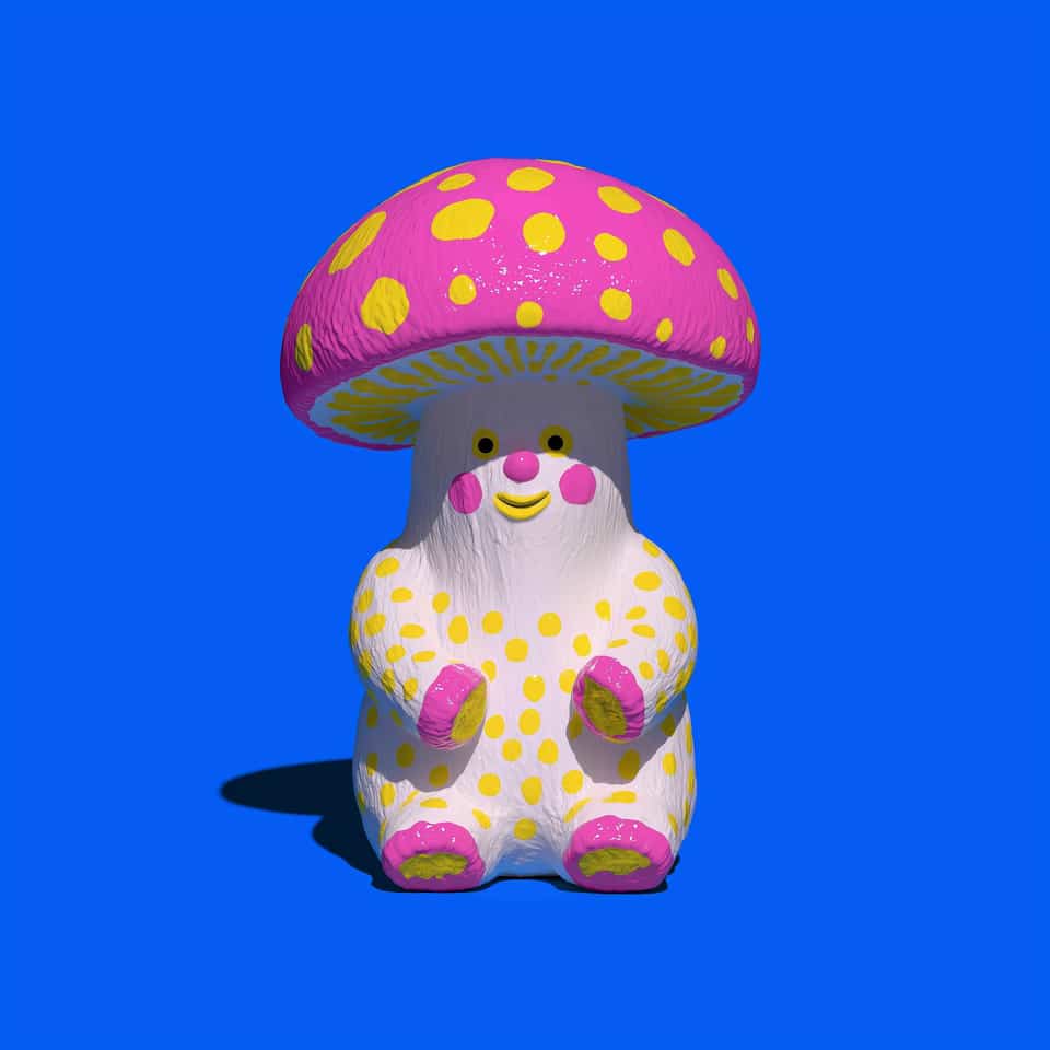 Polymer clay mushroom creature on a blue background: a white body with fine vertical grain and yellow dots, paws held up and feet forward with pink rims and yellow pads, a small s…