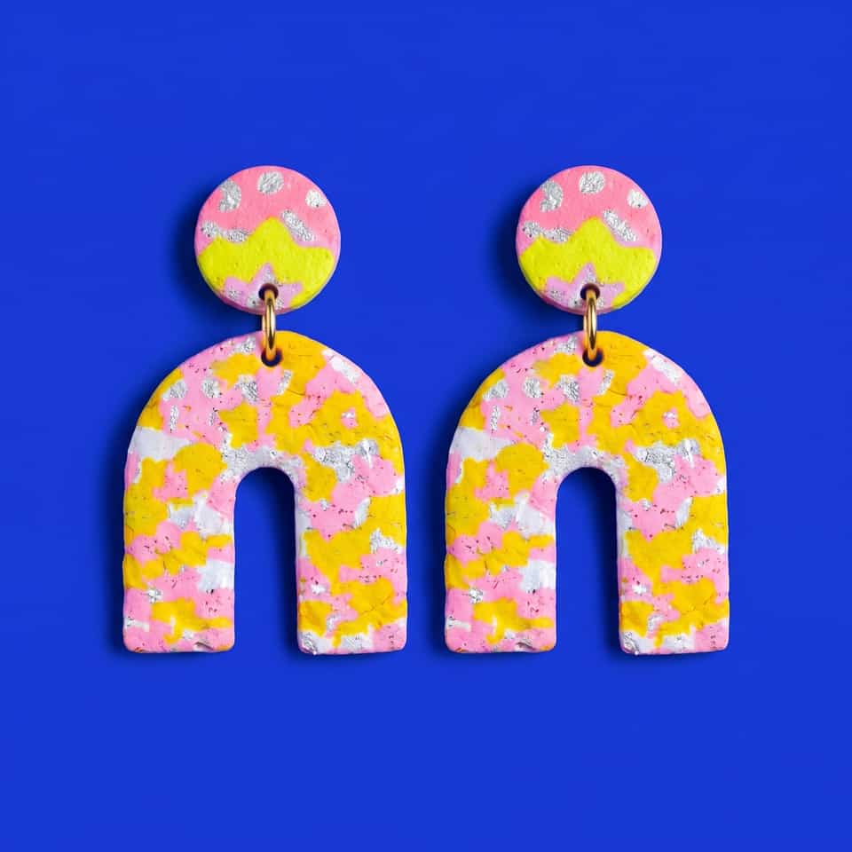 Pink Polymer Clay Leopard Print Arch Dangle Earrings. Handmade earrings using surface applique with a matte sealant finish. Make mirrored pink terrazzo arch dangle earrings: a spe…
