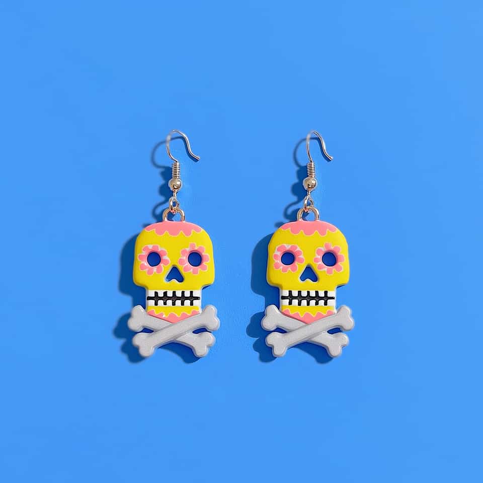 Yellow Polymer Clay & Pink Sugar Skull Dangle Earrings. Surface applique earrings with a gloss sealant finish. Make mirrored sugar-skull dangle earrings: cut matched yellow skull…