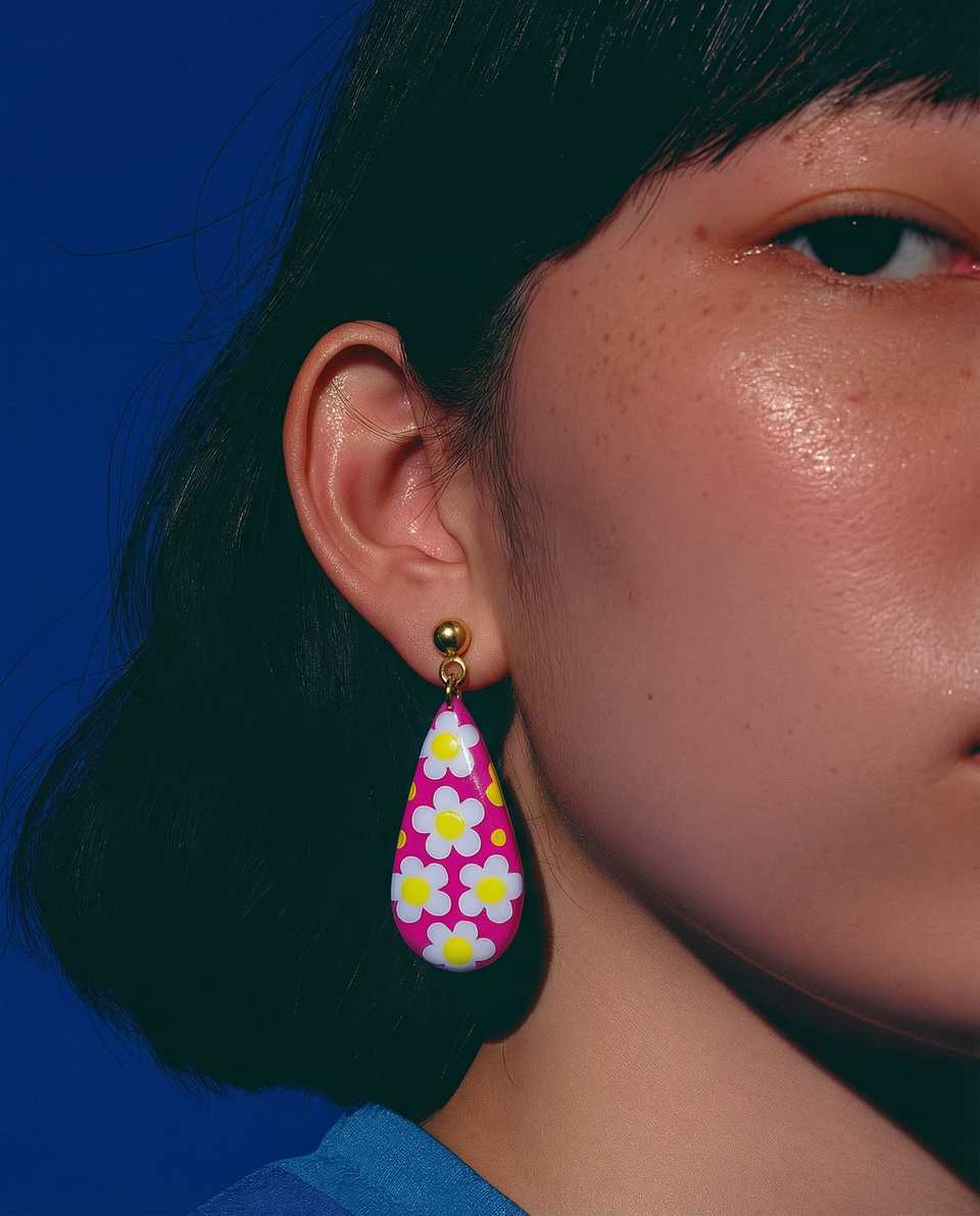 Polymer Clay Daisy Cane Teardrop Dangle Earrings shown in styled wear context with size, drape, and hardware visible. Earrings using millefiori, finished with light gloss finish.
