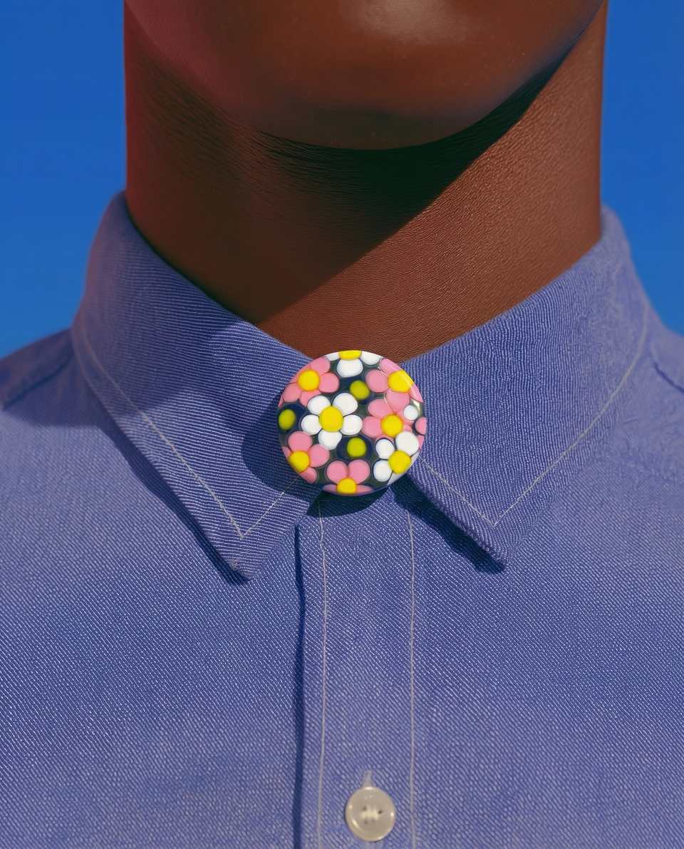 Pink Polymer Clay & White Millefiori Flower Collar Pin shown in styled wear context with size, drape, and hardware visible. Brooch using millefiori with a gloss sealant finish.
