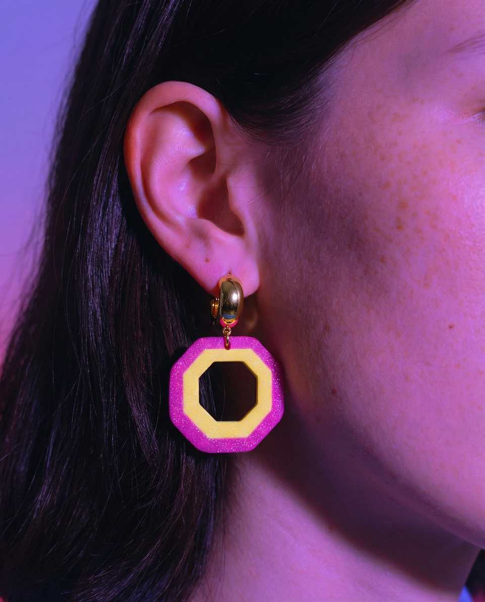 Pink Polymer Clay & Yellow Octagon Hoop Earrings shown in styled wear context with size, drape, and hardware visible. Earrings using slab cutting with a gloss sealant finish.