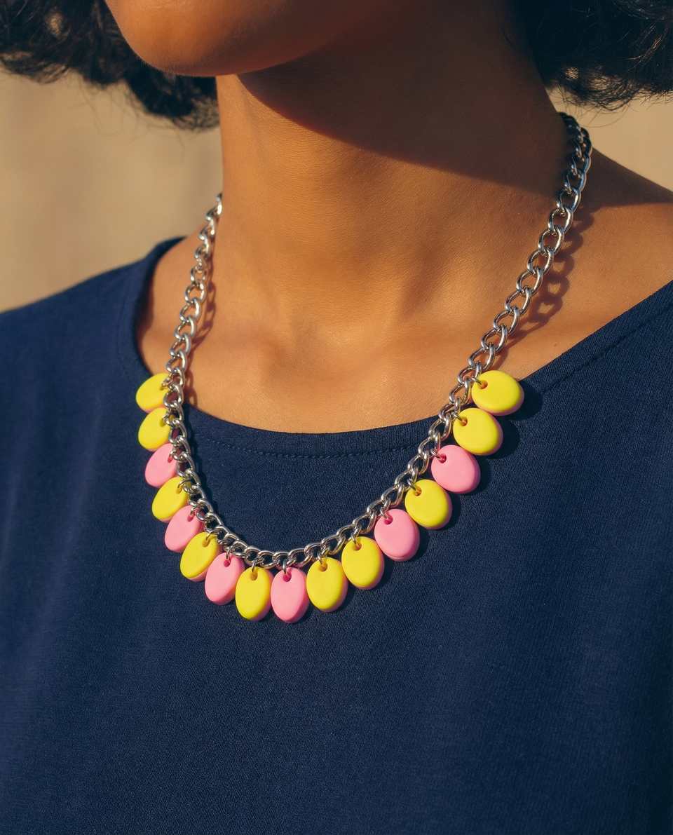 Pink Polymer Clay & Yellow Petal Tab Statement Necklace shown in styled wear context with size, drape, and hardware visible. Necklace using slab cutting with a sanded buffed finis…