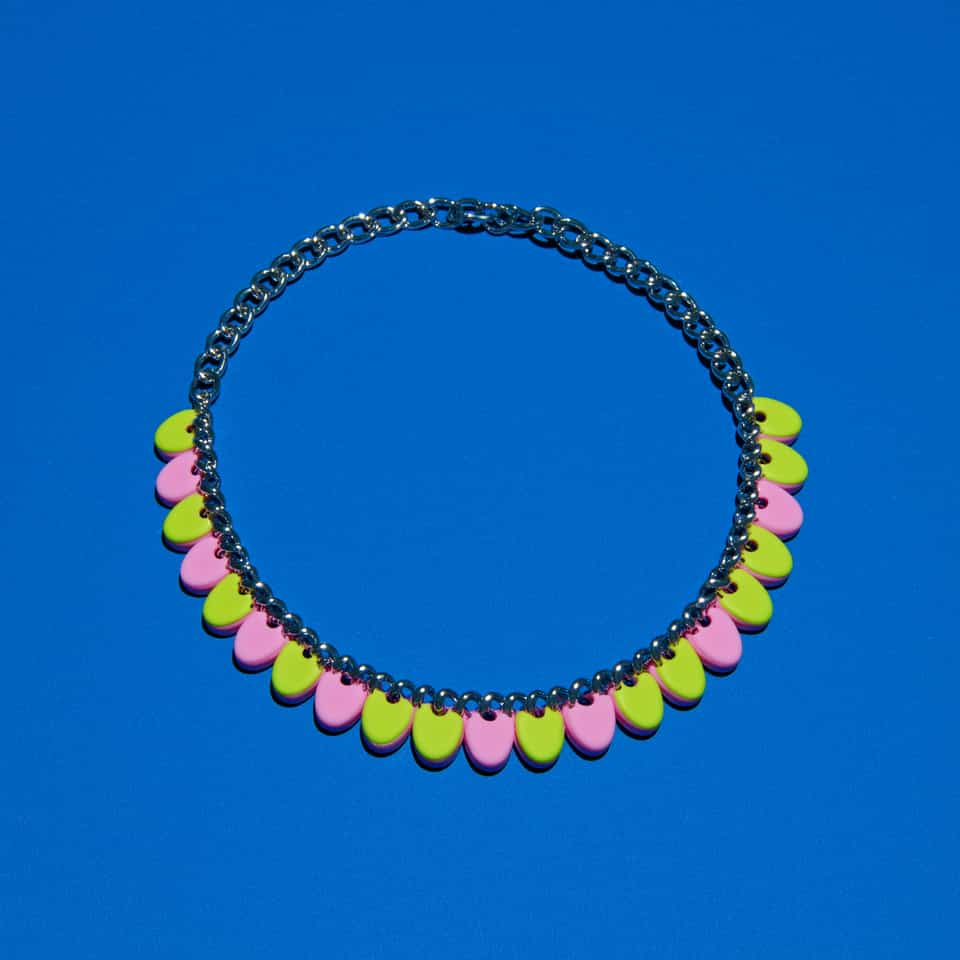 Pink Polymer Clay & Yellow Petal Tab Statement Necklace. Handmade necklace using slab cutting with a sanded buffed finish. Build this as a hardware-led necklace built from separat…