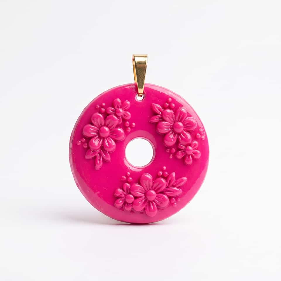 Hot Pink Polymer Clay Floral Medallion Necklace. Surface applique pendant with a gloss sealant finish. Make a glossy hot-pink donut pendant with raised flower clusters and a gold…