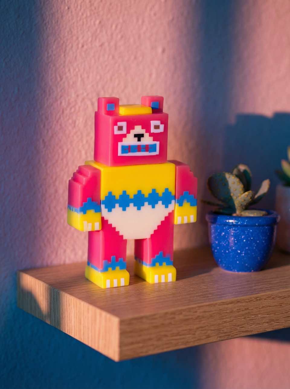 Pink Polymer Clay & Yellow Pixel Bear Desk Buddy Figurine shown in styled display context with object size and surface texture visible. Figurine made with pixel construction with…