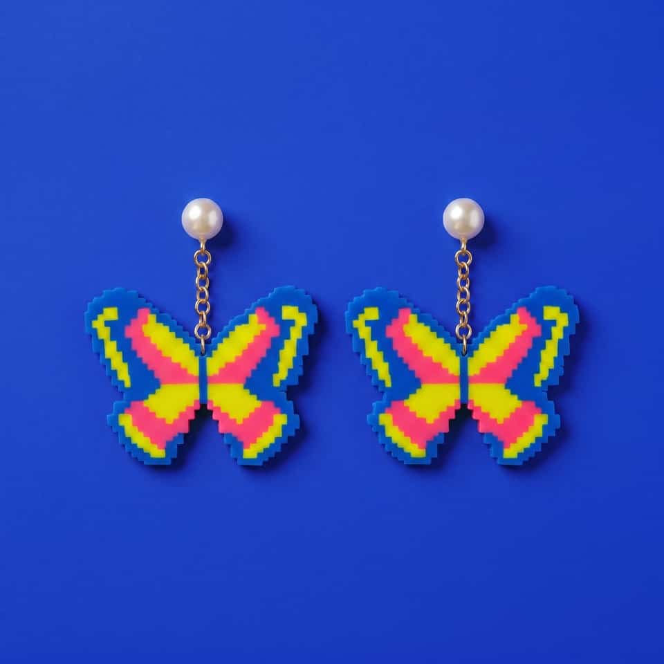 Polymer Clay Blue, Yellow & Pink Pixel Butterfly Pearl Drop Earrings. Handmade earrings using pixel construction with a sanded buffed finish. Make mirrored pixel butterfly drops:…