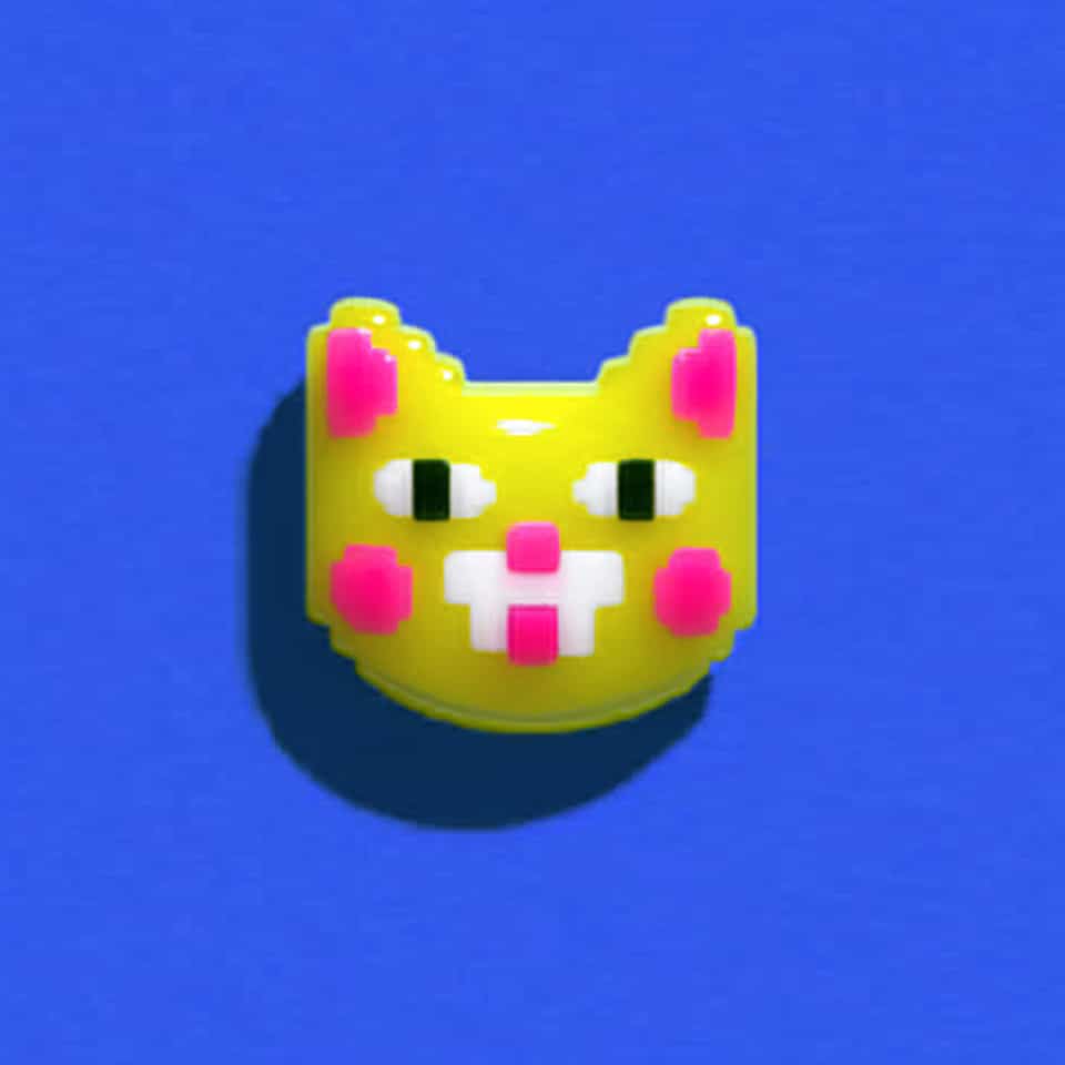 Yellow polymer clay pixel cat face brooch on a blue background: a stepped outline with pointed ears, pink inner ears and stepped pink cheeks, white eyes with upright black pupils,…