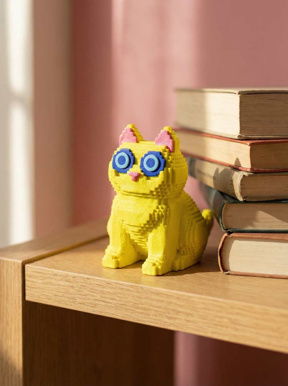 Yellow Polymer Clay & Pink Voxel Cat Desk Buddy Figurine shown in styled display context with object size and surface texture visible. Figurine made with pixel construction with a…