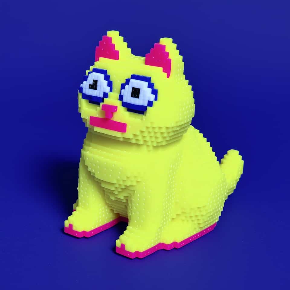 Neon yellow pixel cat figurine sitting upright, its body stepped into fine square terraces,, with pink inner ears, white stepped eyes with thick dark blue rims and square black pu…