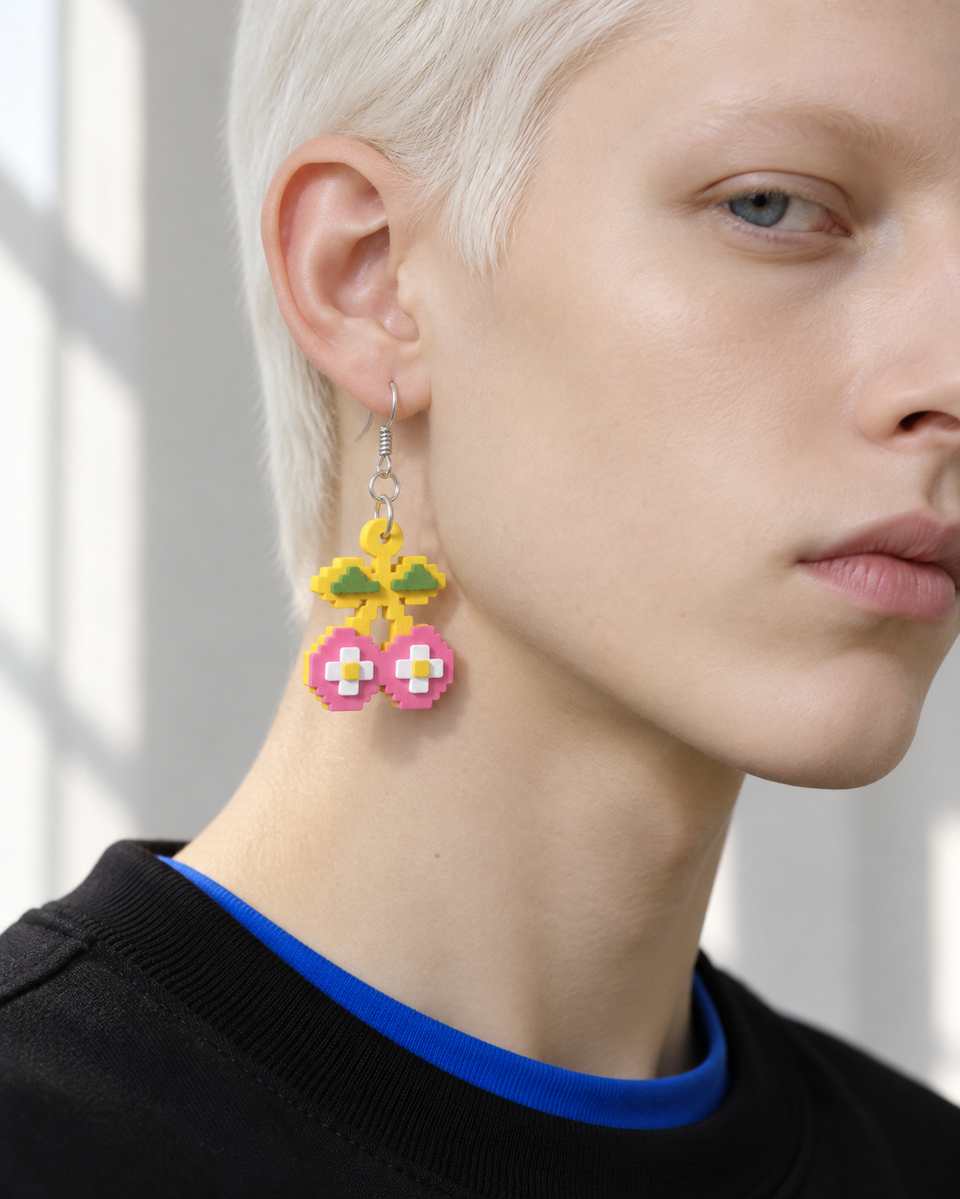 A layered Cherry drop hanging from its ear wire.