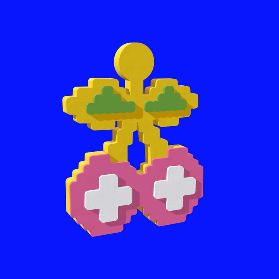 Two flowers sit on the fruit pieces.