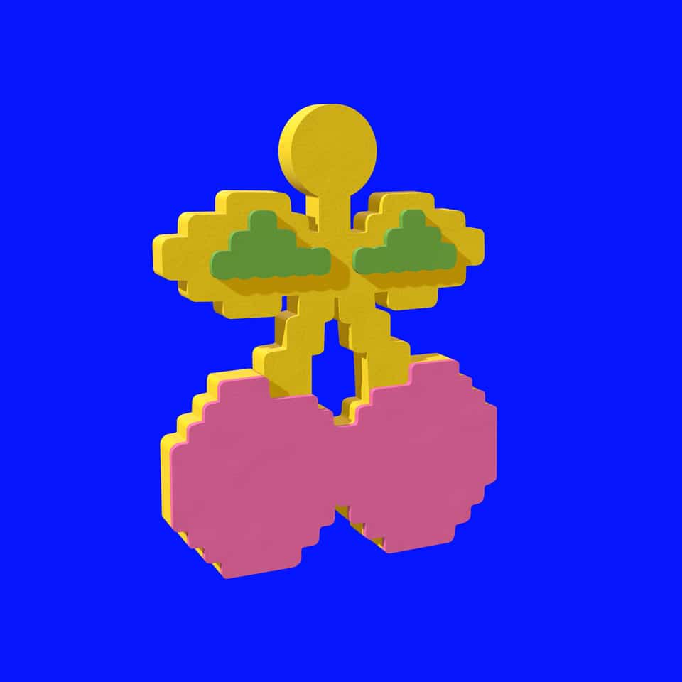 The fruit and two leaves sit on the base.