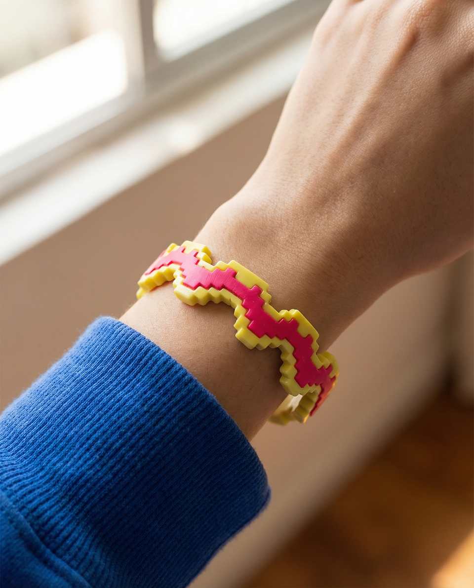 Polymer Clay Stepped Pixel Cuff Bracelet shown in styled wear context with size, drape, and hardware visible. Bracelet using pixel construction with a gloss sealant finish.