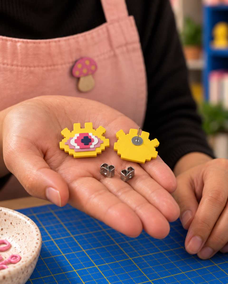 26 mm layered Pixel Eye studs, with the front and post backs shown in a hand.