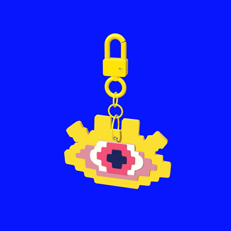 52 mm layered Pixel Eye charm with a metal clasp and jump ring.