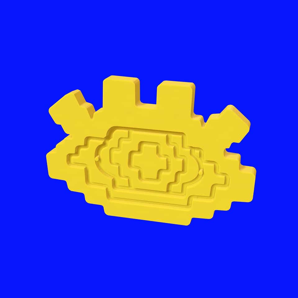 52 mm single-slab relief Pixel Eye brooch, shown from the front.