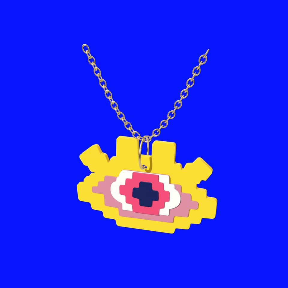 52 mm layered Pixel Eye pendant on a jump ring.