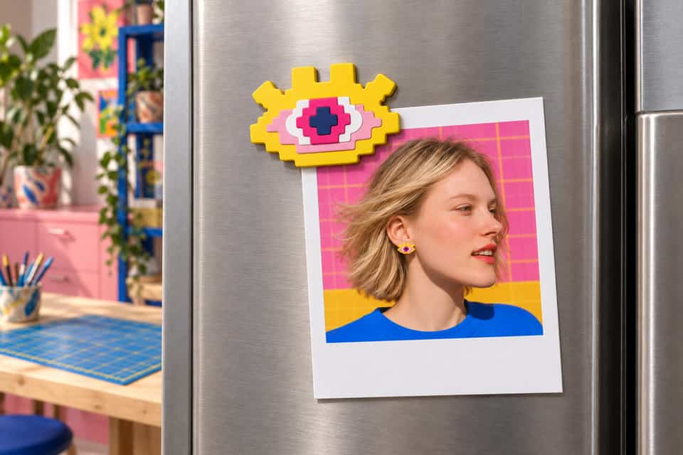 A layered Pixel Eye magnet holds a photo on a metal fridge.