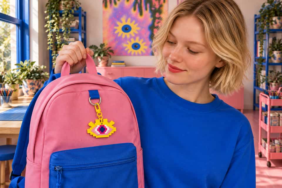 A layered Pixel Eye charm hangs from a yellow clasp and jump rings on a backpack.