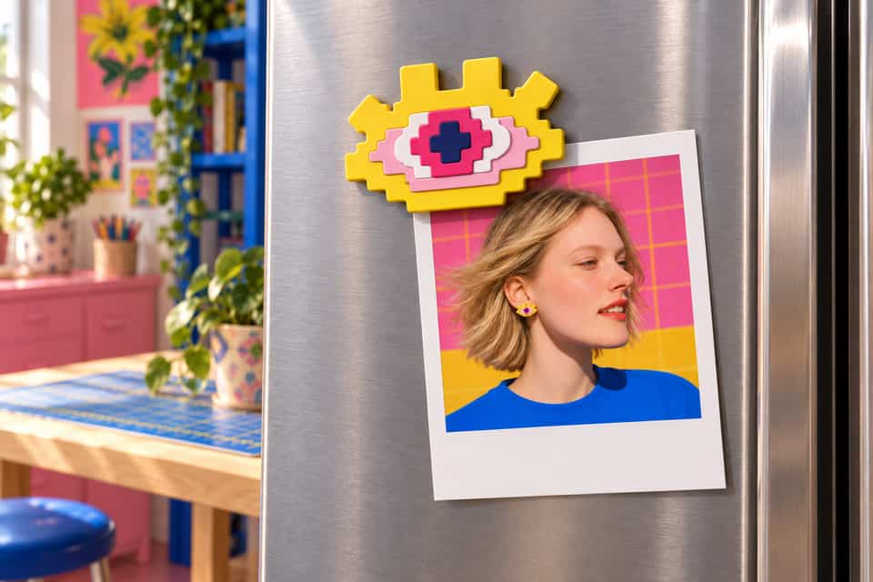 A Pixel Eye with a magnet on the back holds a photo on a metal fridge.