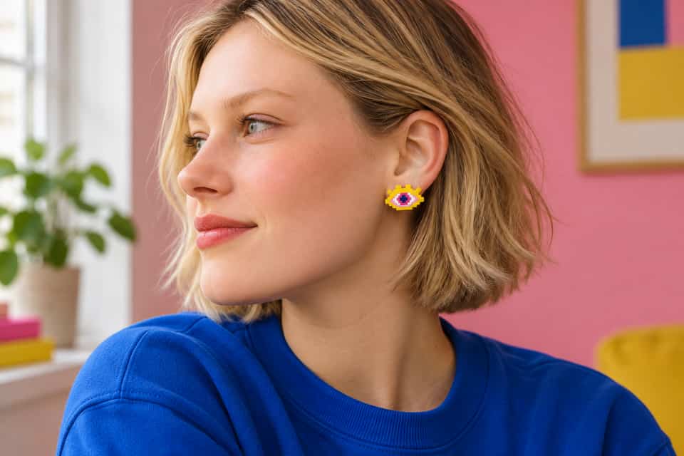 A layered Pixel Eye stud sits close to the lobe on a flat-pad post.