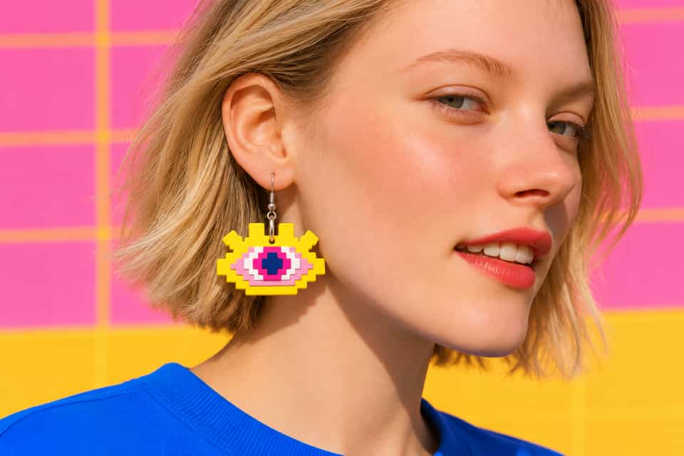 A layered Pixel Eye drop hangs from a gold hook and jump ring.