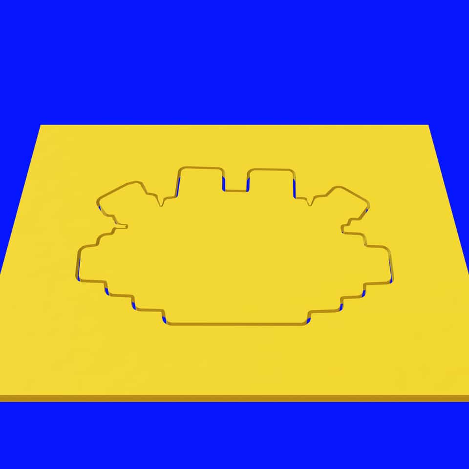 Base A cut into the yellow slab, with the cutter lifted away.