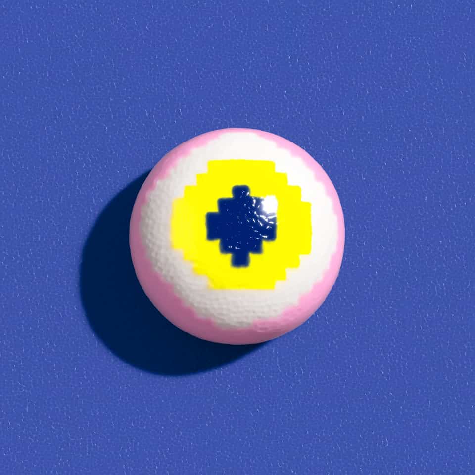 Round domed polymer clay pixel eyeball brooch on a blue background: a light pink rim, a white eye with a fine pebbled grain, a stepped yellow iris and a glossy navy plus-shaped pu…