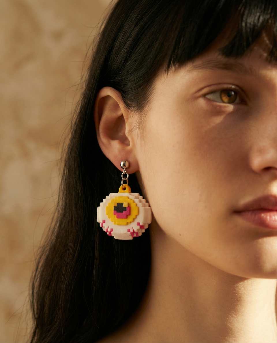 White Polymer Clay Pixel Eyeball Statement Dangle Earrings shown in styled wear context with size, drape, and hardware visible. Handmade earrings using pixel construction with a s…