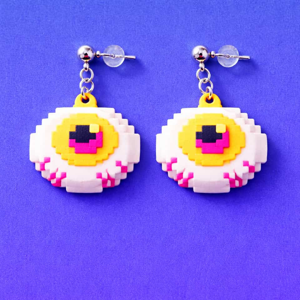White Polymer Clay Pixel Eyeball Statement Dangle Earrings. Handmade earrings using pixel construction with a sanded buffed finish. Build flat pixel-art eyeball drops two ways, cu…