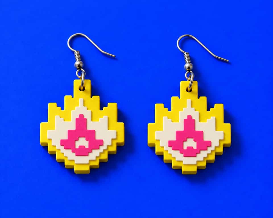 Layered pixel flame earrings in yellow, white and magenta. The window in the magenta centre reveals the white clay underneath.