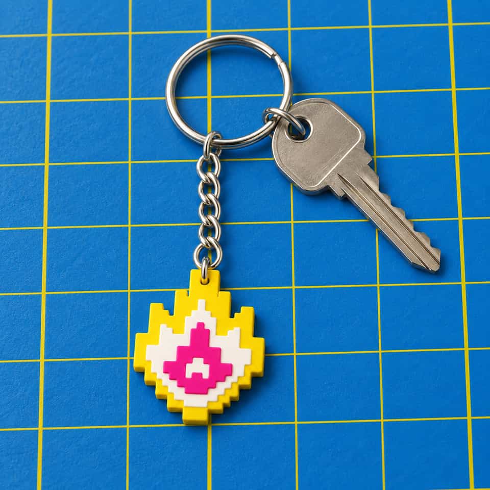 A layered Pixel Flame charm hanging from a split key ring.