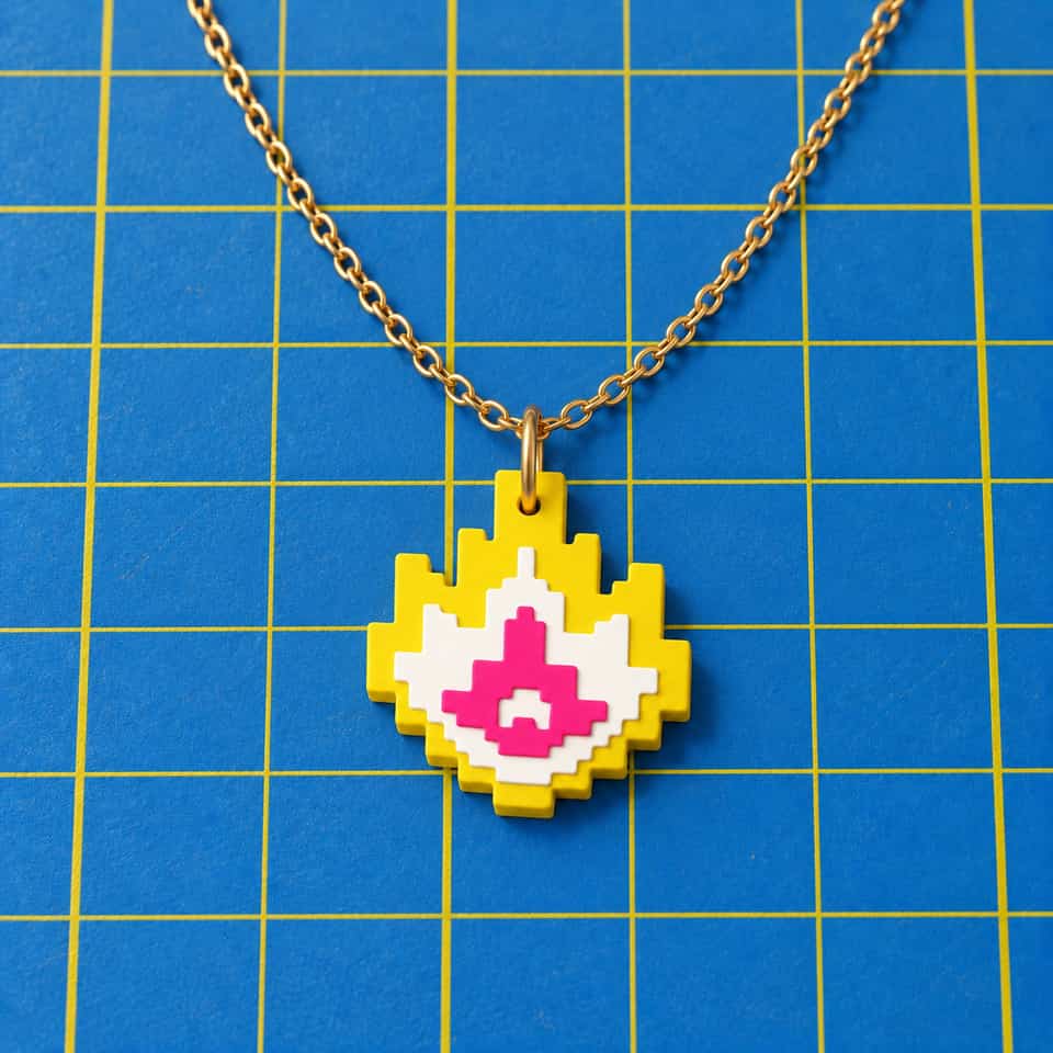 A layered Pixel Flame pendant hanging from a jump ring on a chain.