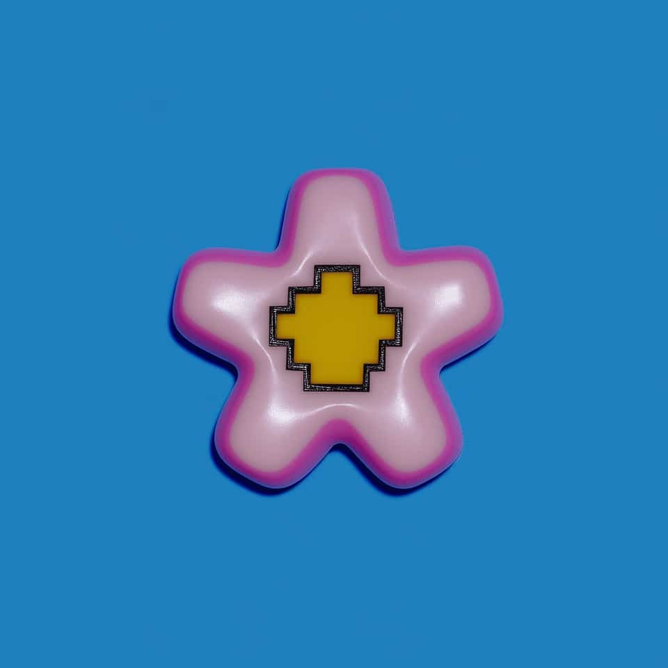 Polymer clay flower brooch on a blue background: five puffy, glossy light pink petals edged with a bright fuchsia band, with a stepped yellow pixel cross framed by a thin grainy b…