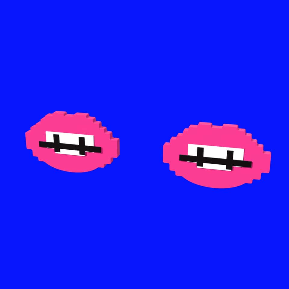 A complete pair of 26 mm layered Pixel Lips studs: pink base, white teeth and black tooth line, with posts on the back.
